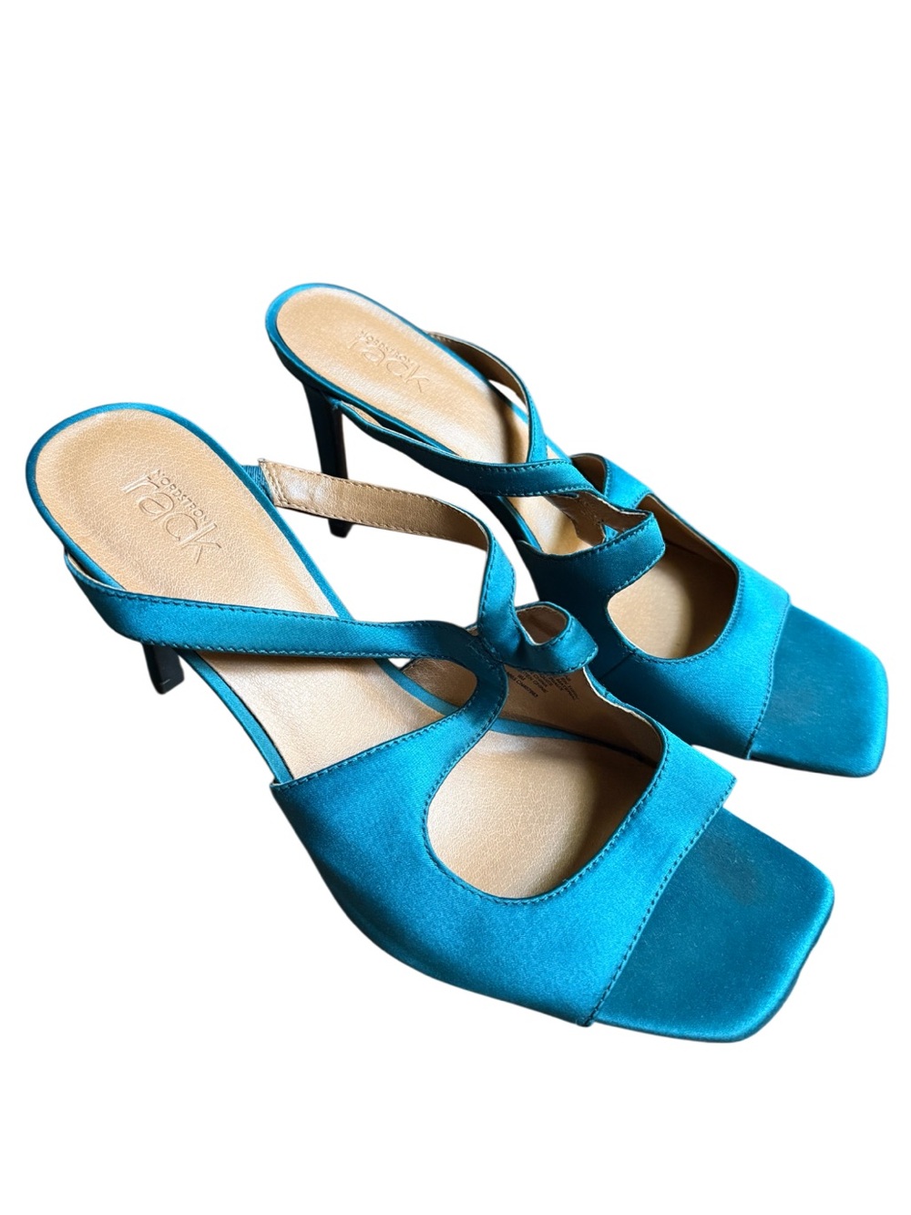 Teal Satin Strappy Mid-Heel Mules